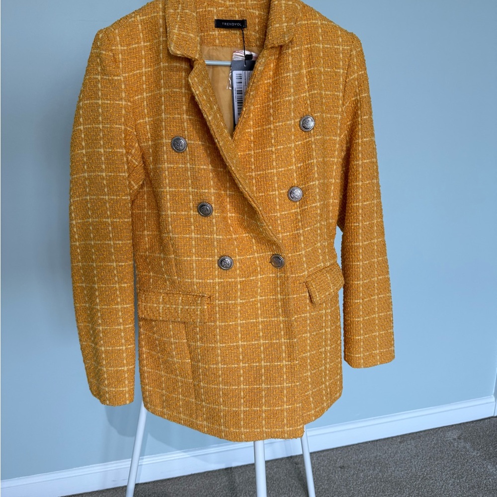 Trendyol Yellow Plaid Double-Breasted Pea Coat